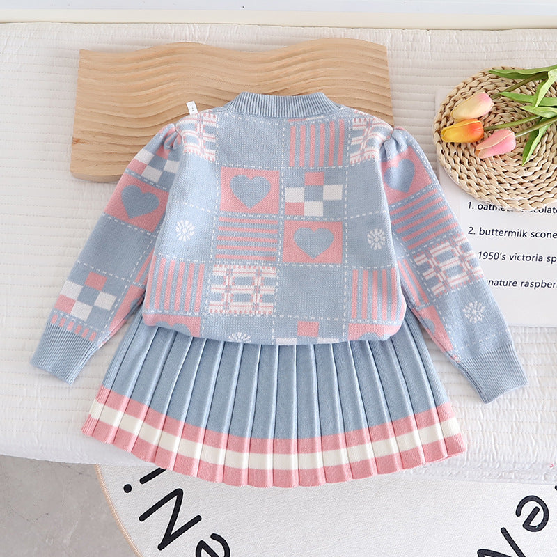 Girls Geometric Print Knit Sweater Dress Two-Piece Set
