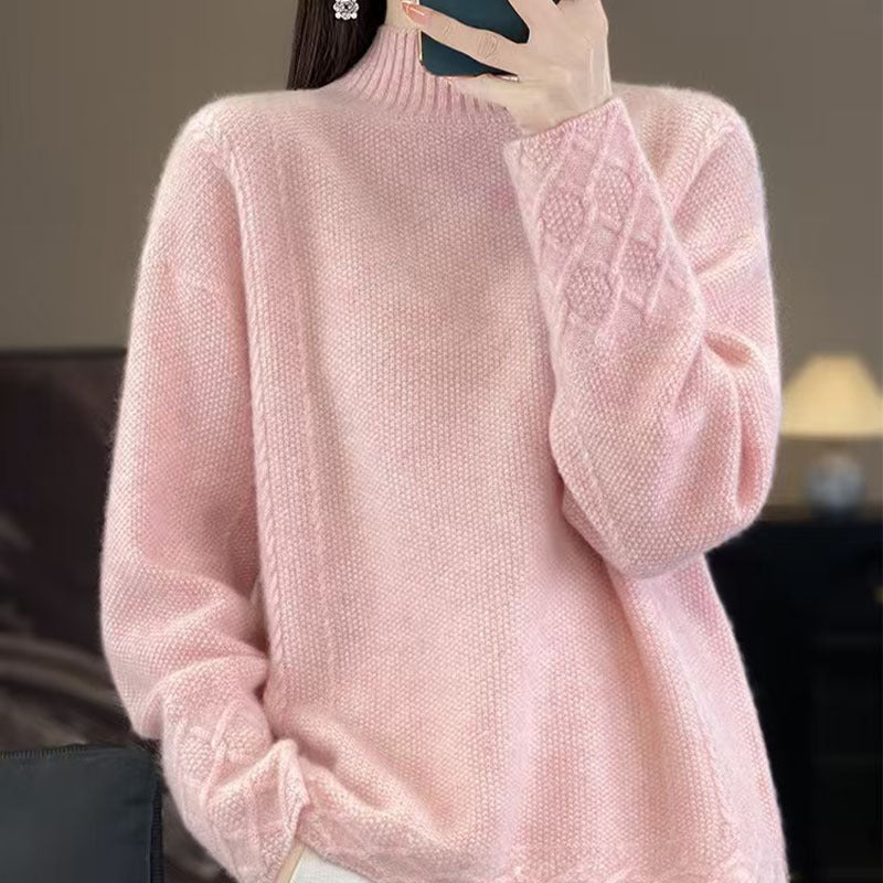 Vintage Jacquard Long Sleeve Mock Neck Women's Thickened Loose Knit Top